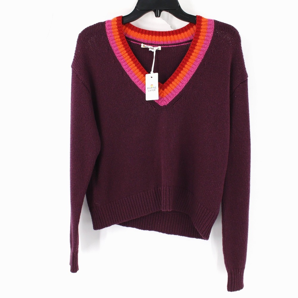 NWT Marine Layer Sweater Womens XS Bella Cropped Merino Wool Cotton V Neck Plum